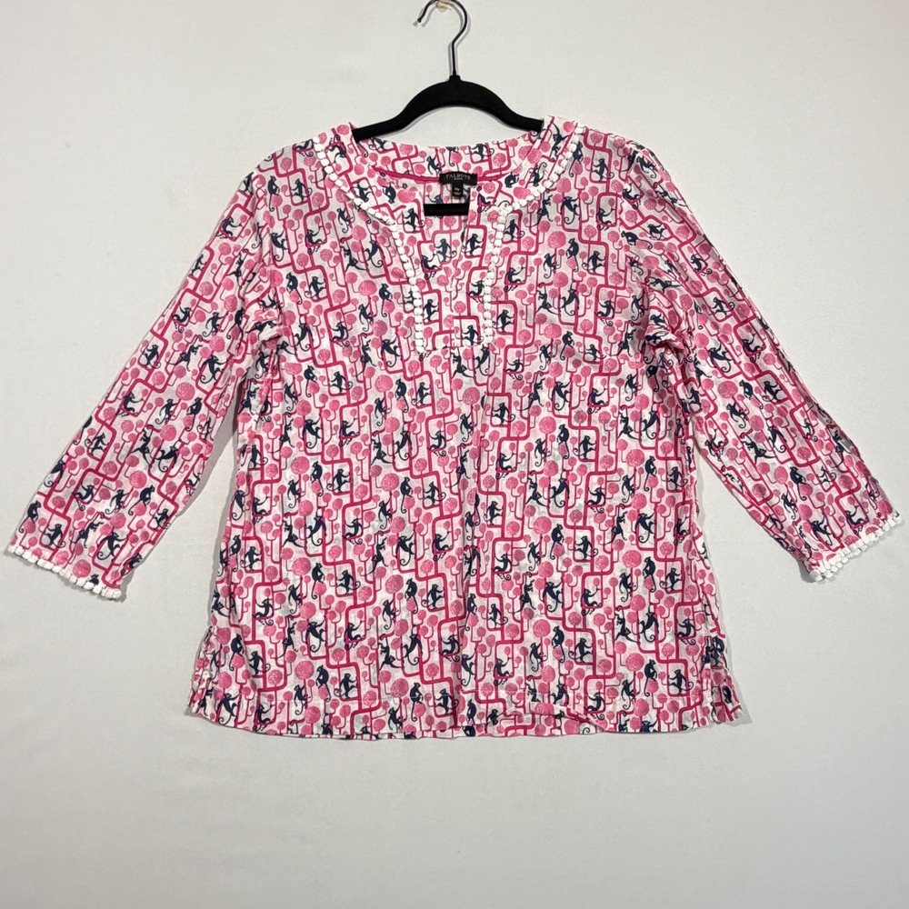 Talbots Monkey Print Tunic Women MP Pink Navy Pom Pom Trim Boho Coastal Blouse